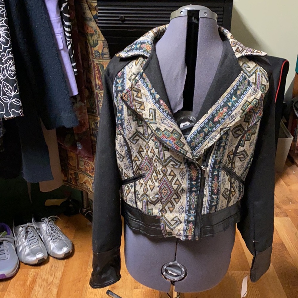 Yoki NWT Moto jacket black with designer fabric and vegan leather accents; 1XL